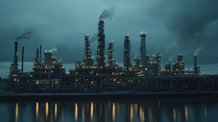 Fototapeta premium Oil refinery at twilight reflects in the water under a moody sky. Use for energy, industry, environment, or economic development concepts.