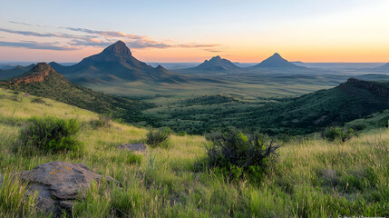 Naklejka premium Panoramic Landscape View Of Rocky Mountains And Green Valley Under Sunny Sky During Golden Hour