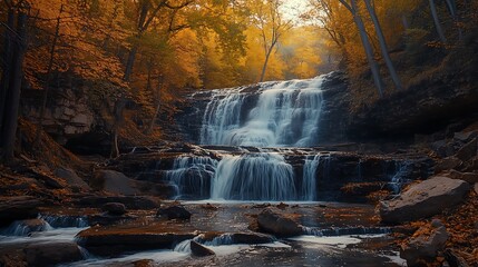 Fototapeta premium Autumn Waterfall in a Golden Forest
