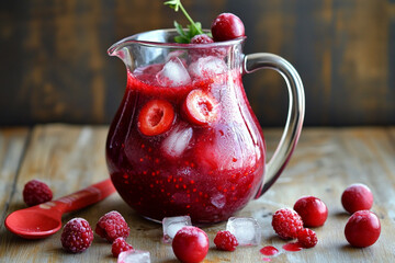 Refreshing fruit punch made with raspberries and cherries on a rustic wooden table in bright light