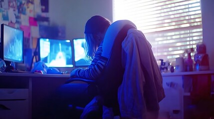 Woman works at a desk with multiple monitors at home