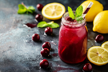 Delicious cherry lemonade drink served in a jar with fresh lemon slices and mint leaves on a dark background