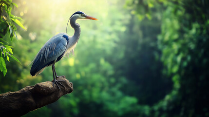 Heron perched on tree branch in tropical forest sunlight