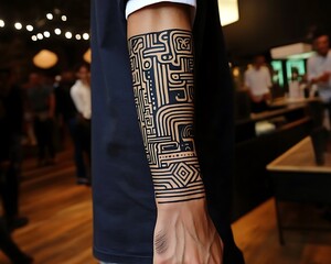 Modern Tribal Tattoo on Arm for Coffee Shop.