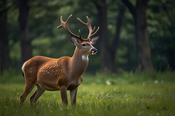 Obraz premium A deer stands gracefully in a sunlit forest clearing,deer in the forest,Wild deer in a meadow,Majestic young roe deer standing in a lush green meadow, looking directly at the camera with alert ears .