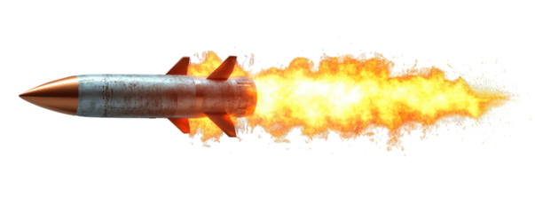 Rocket missile launches with burning effect isolated on transparent background, generative ai