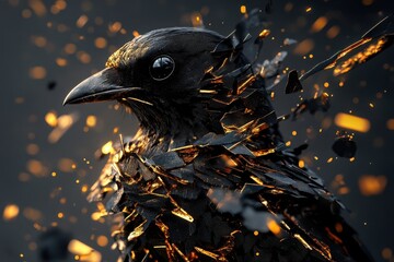 A detailed digital artwork of a black bird with gold shards