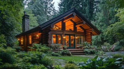 Cozy log cabin nestled in a lush forest setting surrounded by trees, greenery, and a warm inviting atmosphere