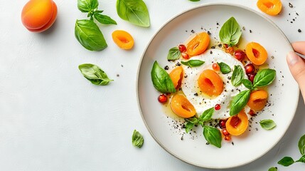  A white plate holds a fried egg amidst green leaves and oranges on a white table