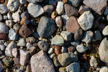Small river pebbles. Multicolored small stones in different shapes