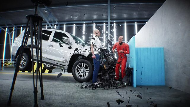 car crash test stop time. safety concept. People and crash dummy.