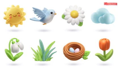 Spring 3d cartoon vector icon set. Sun, bird, chamomile, cloud, snowdrop, grass, nest, tulip © Natis