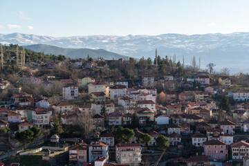 Hillside Town with Snow-Capped Mountain Backdrop