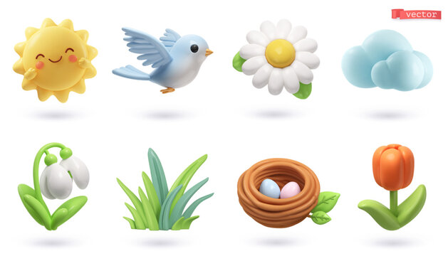 Spring 3d cartoon vector icon set. Sun, bird, chamomile, cloud, snowdrop, grass, nest, tulip
