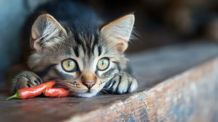 Curious kitten playing with chili peppers on rustic wood