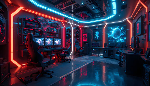 Futuristic Gaming Room with Red and Blue Neon Lights