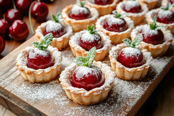 Delicious cherry tarts topped with mint leaves arranged on a wooden board