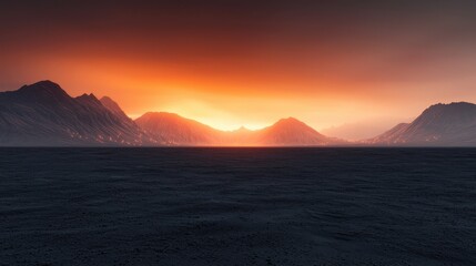 A stunning sunset over mountains, casting vibrant orange hues across the sky and reflecting on dark waters, creating a serene atmosphere.