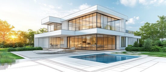 A modern two story home with a refreshing swimming pool