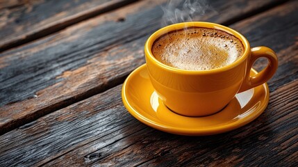 Hot coffee in a vibrant yellow cup on a rustic wooden table