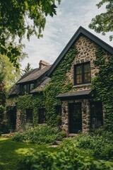 A delightful stone house, gracefully adorned with ivy, is enveloped by vibrant green plants, creating a serene atmosphere on a peaceful afternoon in a picturesque neighborhood