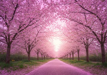 Serene Winding Path Through Blooming Cherry Blossoms Under a Soft Pink and Purple Sky