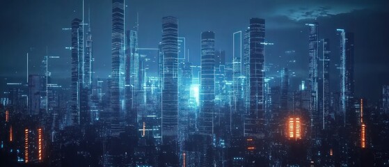Obraz premium Futuristic city skyline with glowing buildings under a night sky