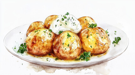Delicious Watercolor Illustration of Golden Roasted Potatoes with Sour Cream and Herbs. Concept of Comfort Food, Culinary Art, Home Cooking, Flavorful Meals, White background
