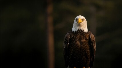 Obraz premium Majestic bald eagle perched in a forest, lit by warm sunlight. Powerful bird of prey in its natural habitat. Wildlife photography.