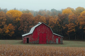 Red barn in autumnal landscape