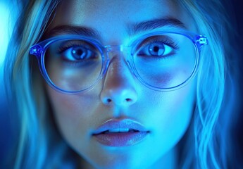 A close-up portrait of a young woman with blue-tinted glasses, illuminated by soft blue light, showcasing her striking features and intense gaze.