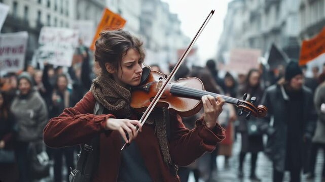 Young woman plays violin amidst a peaceful protest on a city street, surrounded by a diverse crowd holding signs. Her expression is focused and determined. Video made using Generative AI.