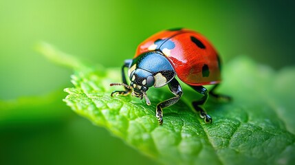   A red and blue ladybug rests on a green leaf with a blurry background
