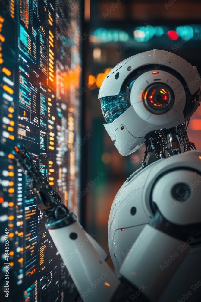 Poster futuristic robot interacting with digital interface in urban setting