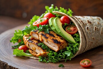 A savory grilled chicken and avocado wrap bursting with fresh greens and juicy tomatoes, nestled in a warm whole wheat tortilla, ready for a delightful lunch.