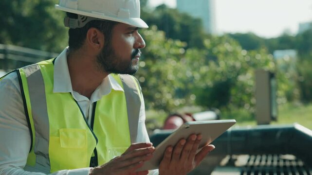 Portrait of professional worker using tablet to control waste water treatment facility at countryside. Engineer sends digital data about sewer purification station inspection