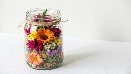 Dried Flowers in Glass Jar on White Background
