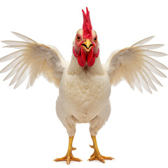 A white chicken with a bright red comb, and yellow beak, flapping joyfully