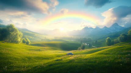 Fototapeta premium Rainbow in Green Mountain Landscape Background