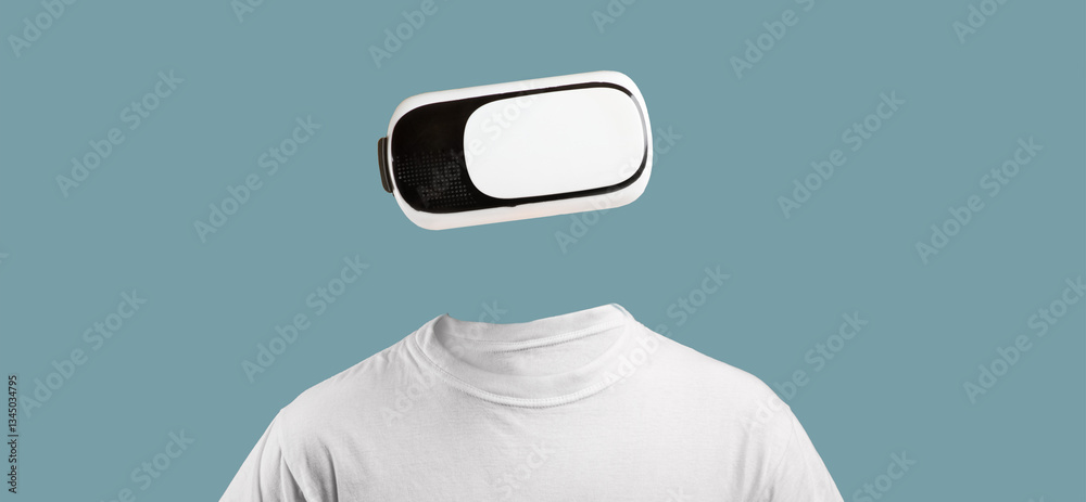 Poster A person engages with virtual reality using modern goggles that cover their eyes, creating an isolated and immersive experience. The background is a solid color, emphasizing the gadget.