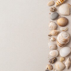 Obraz premium A creative composition featuring natural elements like sand, shells, and small stones arranged on a soft, neutral background