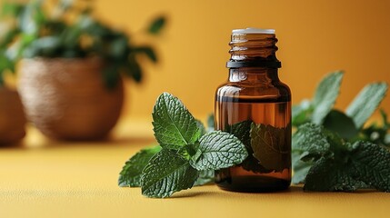   A close-up photo of a peppermint essential oil bottle on a table beside a potted plant