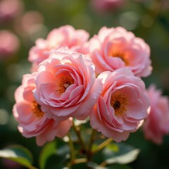 Blooming pink roses with soft petals, evoking a sense of fragrance, sunlight highlighting delicate texture, green blurred background.