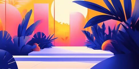 Abstract colorful artwork depicting stylized tropical leaves and structures