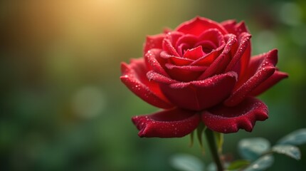 Close-up red rose with dew drops, blurred green garden background, soft light, romantic.