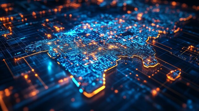 Abstract digital city map glowing with blue and orange light, representing technological advancement and connectivity.