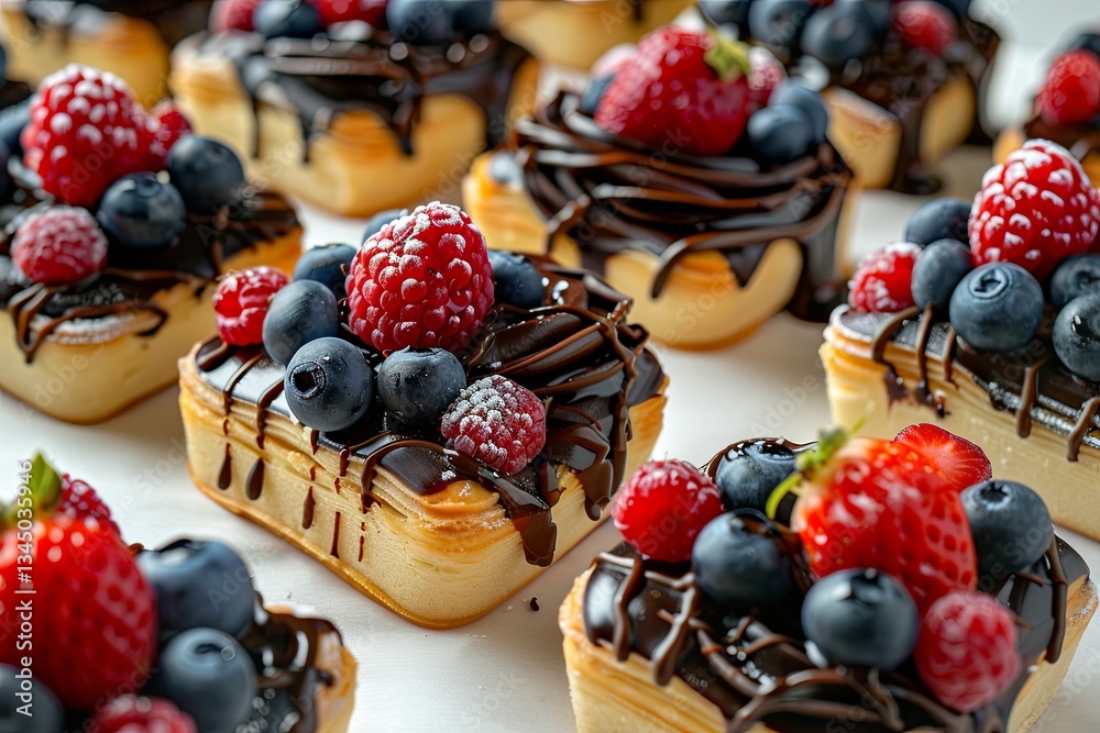 Poster decadent pastries topped with chocolate and fresh berries on an elegant dessert table generative ai