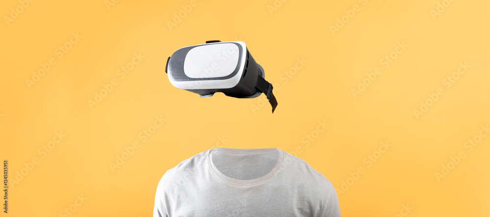 Leinwandbilder a user utilizes a virtual reality headset with no visible head or face against a bright yellow backg
