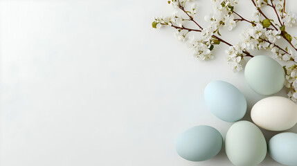 Pastel Easter Eggs With Spring Flowers On White Background