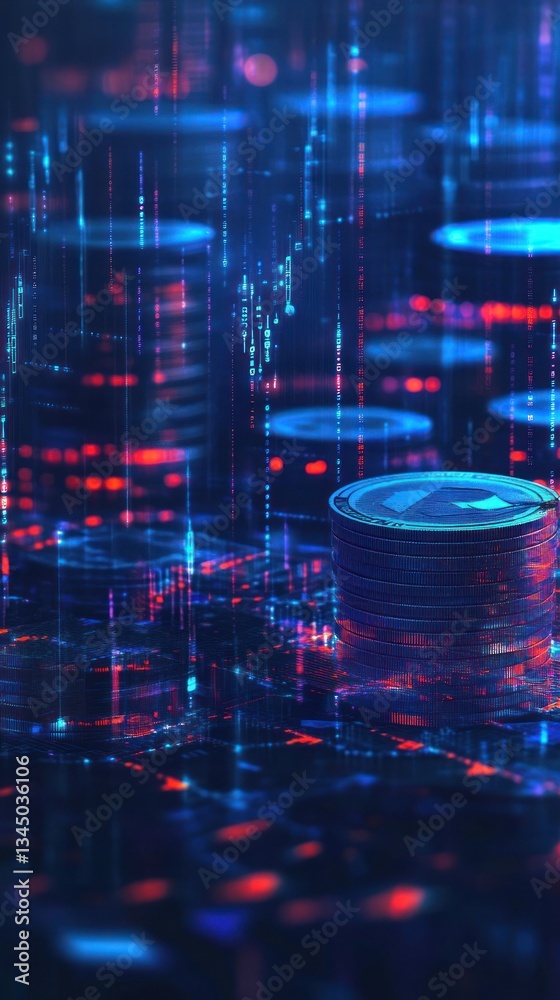 Poster futuristic digital currency scene with glowing coins and data streams